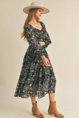 Black Floral Chiffon Sweetheart Neck Ruffle Tiered Midi Dress