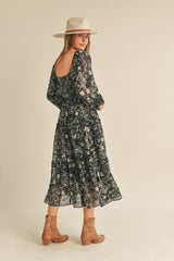 Black Floral Chiffon Sweetheart Neck Ruffle Tiered Midi Dress