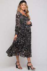 Black Floral Chiffon Sweetheart Neck Ruffle Tiered Maternity Midi Dress