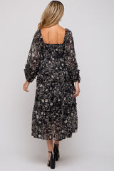 Black Floral Chiffon Sweetheart Neck Ruffle Tiered Maternity Midi Dress