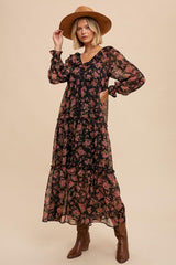 Black Floral Button Front Ruffle Accent Maternity Maxi Dress