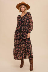 Black Floral Button Front Ruffle Accent Maxi Dress