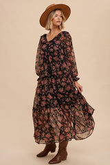 Black Floral Button Front Ruffle Accent Maxi Dress