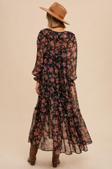 Black Floral Button Front Ruffle Accent Maxi Dress