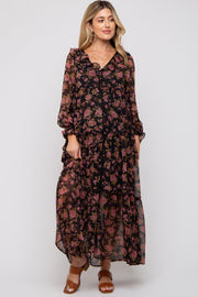 Black Floral Button Front Ruffle Accent Maternity Maxi Dress