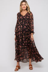 Black Floral Button Front Ruffle Accent Maternity Maxi Dress