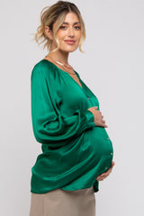 Green Button-Down Long Sleeve Maternity Blouse