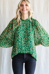 Green Floral Balloon Sleeve Blouse