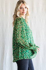 Green Floral Balloon Sleeve Blouse