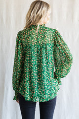 Green Floral Balloon Sleeve Blouse