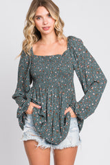 Green Floral Smocked Long Sleeve Maternity Top