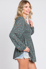 Green Floral Smocked Long Sleeve Top