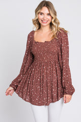 Brown Floral Smocked Long Sleeve Maternity Top