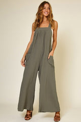 Light Olive Wide Leg Tie Back Maternity Overalls