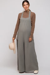 Light Olive Wide Leg Tie Back Maternity Overalls