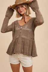 Taupe Pointelle Knit Peplum Sweater