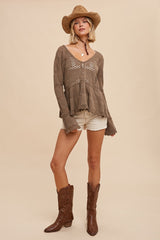 Taupe Pointelle Knit Peplum Sweater