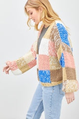 Brown Color Block Checkered Thick Knit Cardigan