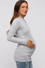 Grey Striped Long Sleeve Mock Neck Maternity Top