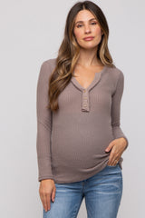 Mocha Soft Waffle Knit Button Accent Long Sleeve Maternity Top