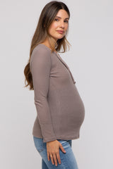 Mocha Soft Waffle Knit Button Accent Long Sleeve Maternity Top