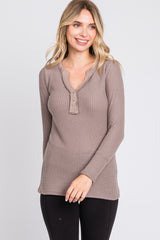 Mocha Soft Waffle Knit Button Accent Long Sleeve Maternity Top