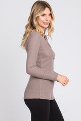 Mocha Soft Waffle Knit Button Accent Long Sleeve Top