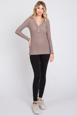 Mocha Soft Waffle Knit Button Accent Long Sleeve Top