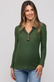 Olive Soft Waffle Knit Button Accent Long Sleeve Maternity Top