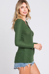 Olive Soft Waffle Knit Button Accent Long Sleeve Top