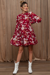 Burgundy Floral Chiffon Ruffle Mock Neck Tiered Maternity Dress