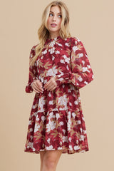 Burgundy Floral Chiffon Ruffle Mock Neck Tiered Dress