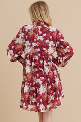 Burgundy Floral Chiffon Ruffle Mock Neck Tiered Dress