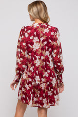 Burgundy Floral Chiffon Ruffle Mock Neck Tiered Maternity Dress