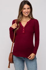 Burgundy Soft Waffle Knit Button Accent Long Sleeve Maternity Top