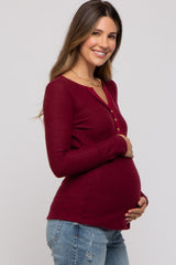 Burgundy Soft Waffle Knit Button Accent Long Sleeve Maternity Top