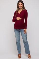 Burgundy Soft Waffle Knit Button Accent Long Sleeve Maternity Top