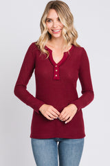 Burgundy Soft Waffle Knit Button Accent Long Sleeve Maternity Top