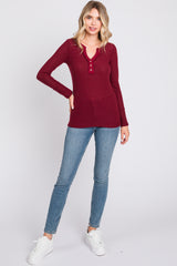 Burgundy Soft Waffle Knit Button Accent Long Sleeve Top