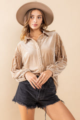 Beige Velvet Ribbed Collared Long Sleeve Blouse