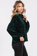 Forest Green Velvet Ribbed Collared Long Sleeve Blouse