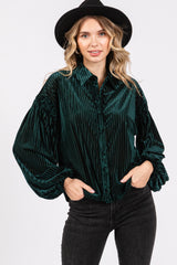 Forest Green Velvet Ribbed Collared Long Sleeve Blouse