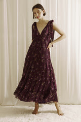 Plum Floral Tiered Shoulder Tie Maternity Maxi Dress