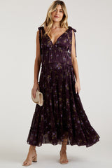 Plum Floral Tiered Shoulder Tie Maternity Maxi Dress