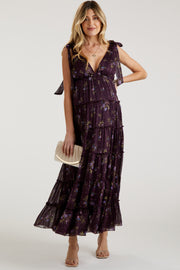 Plum Floral Tiered Shoulder Tie Maternity Maxi Dress