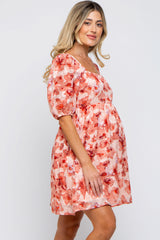 Peach Floral Square Neck Puff Short Sleeve Maternity Dress