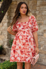 Peach Floral Square Neck Puff Short Sleeve Maternity Dress