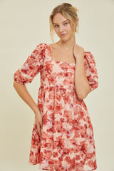 Peach Floral Square Neck Puff Short Sleeve Dress