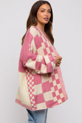 Pink Checkered Plaid Maternity Oversized Cardigan