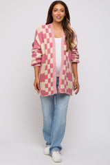 Pink Checkered Plaid Maternity Oversized Cardigan